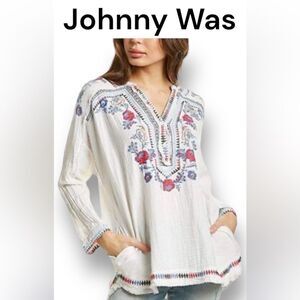 JOHNNY WAS BRIZA GAUZE BLOUSE IN NATURAL! Pockets! XS-S 100% cotton